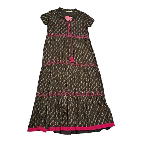 Fusion Printed Cultural Boho Tiered Paisley Midi Dress Olive/Pink Medium NWT - Picture 4 of 14